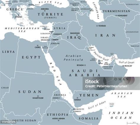 The Middle East Gray Political Map With Capitals And International