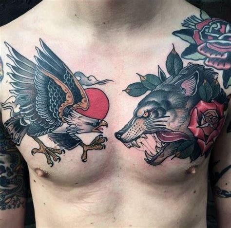 Traditional Wolf Chest Tattoo