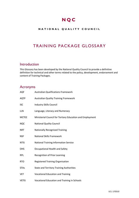 Training Packages Glossary Of Terms National Skills Standards