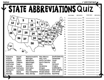 Us State Abbreviations Quiz Printable