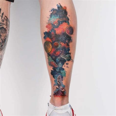 Watercolor Space Tattoo On Calf Best Tattoo Ideas Gallery