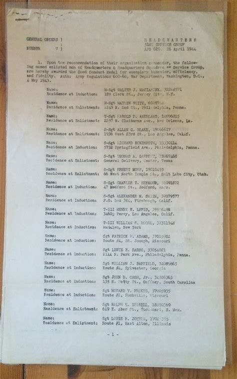 Wwii Document General Orders Good Combat Medal Recipient List 51St